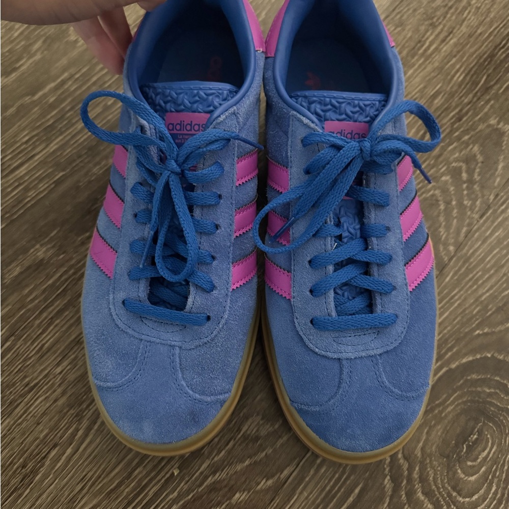 Adidas Gazelle Women’s Blue Suede Sneakers with Pink Stripes